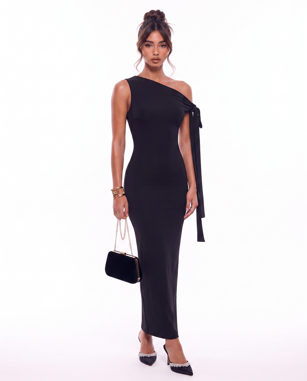 One-Shoulder Bow Midi Dress