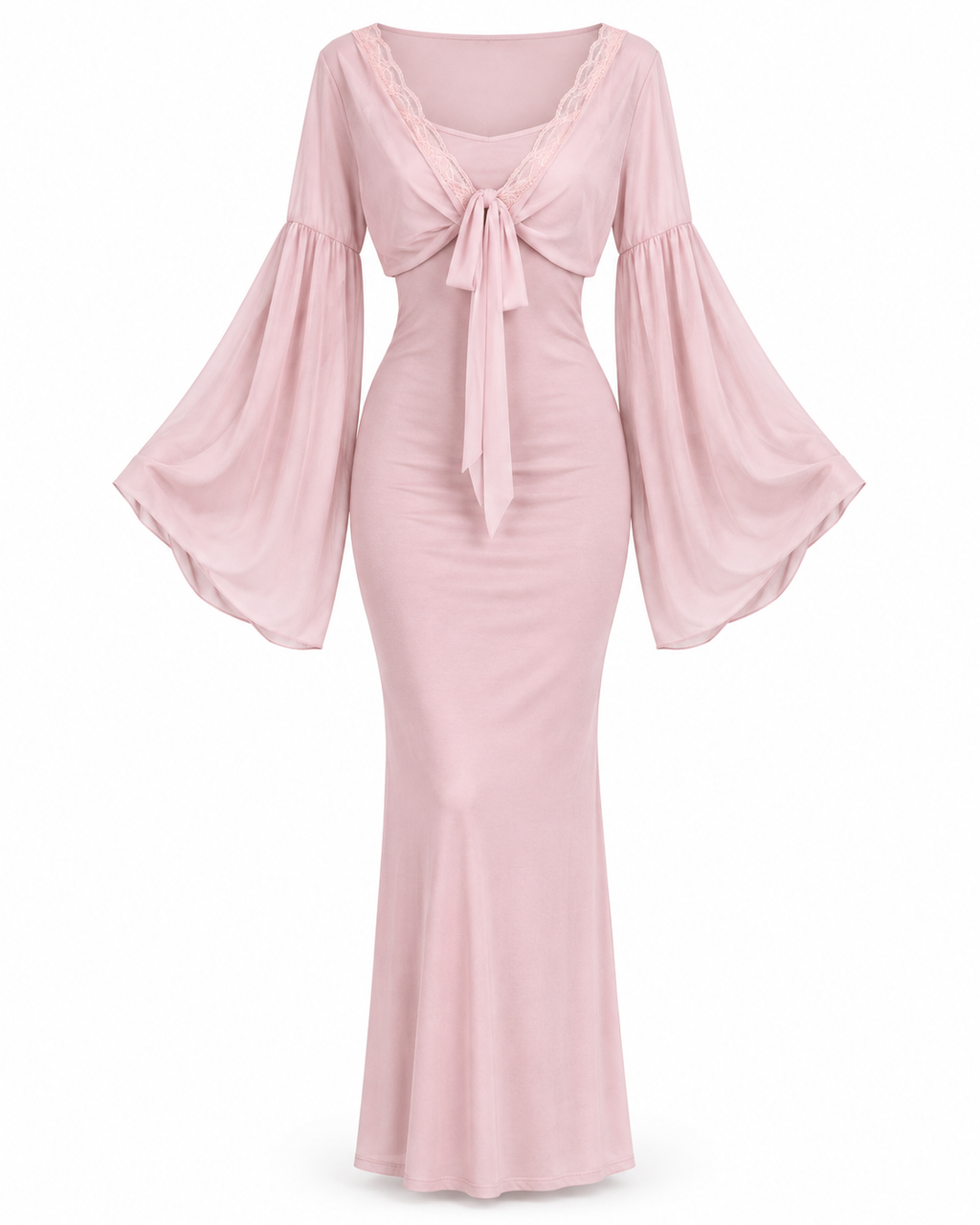 Lantern-Sleeve Tie-Front Maxi Dress