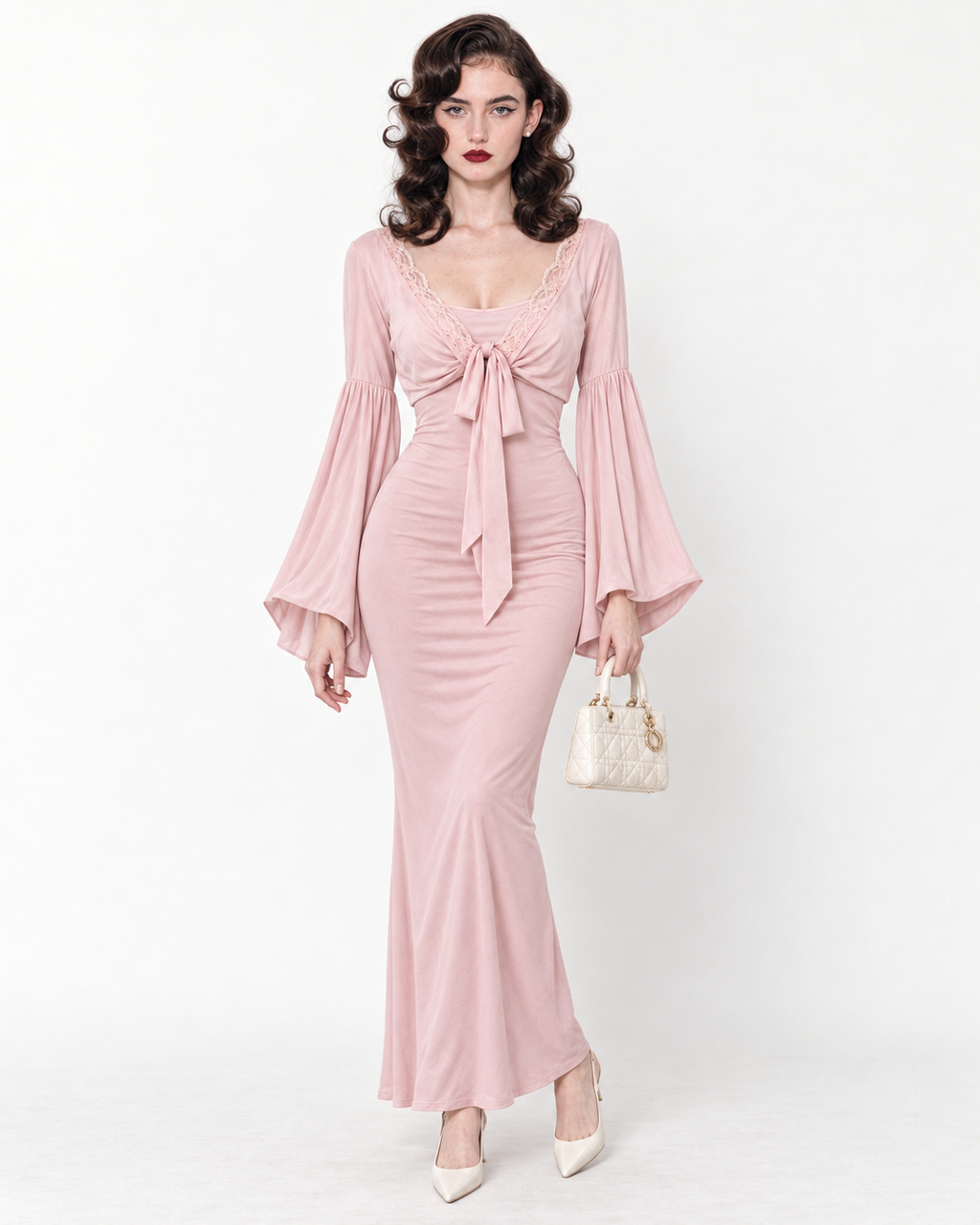 Lantern-Sleeve Tie-Front Maxi Dress