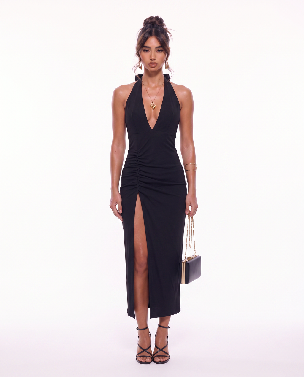 Ruched Halter Slit Dress