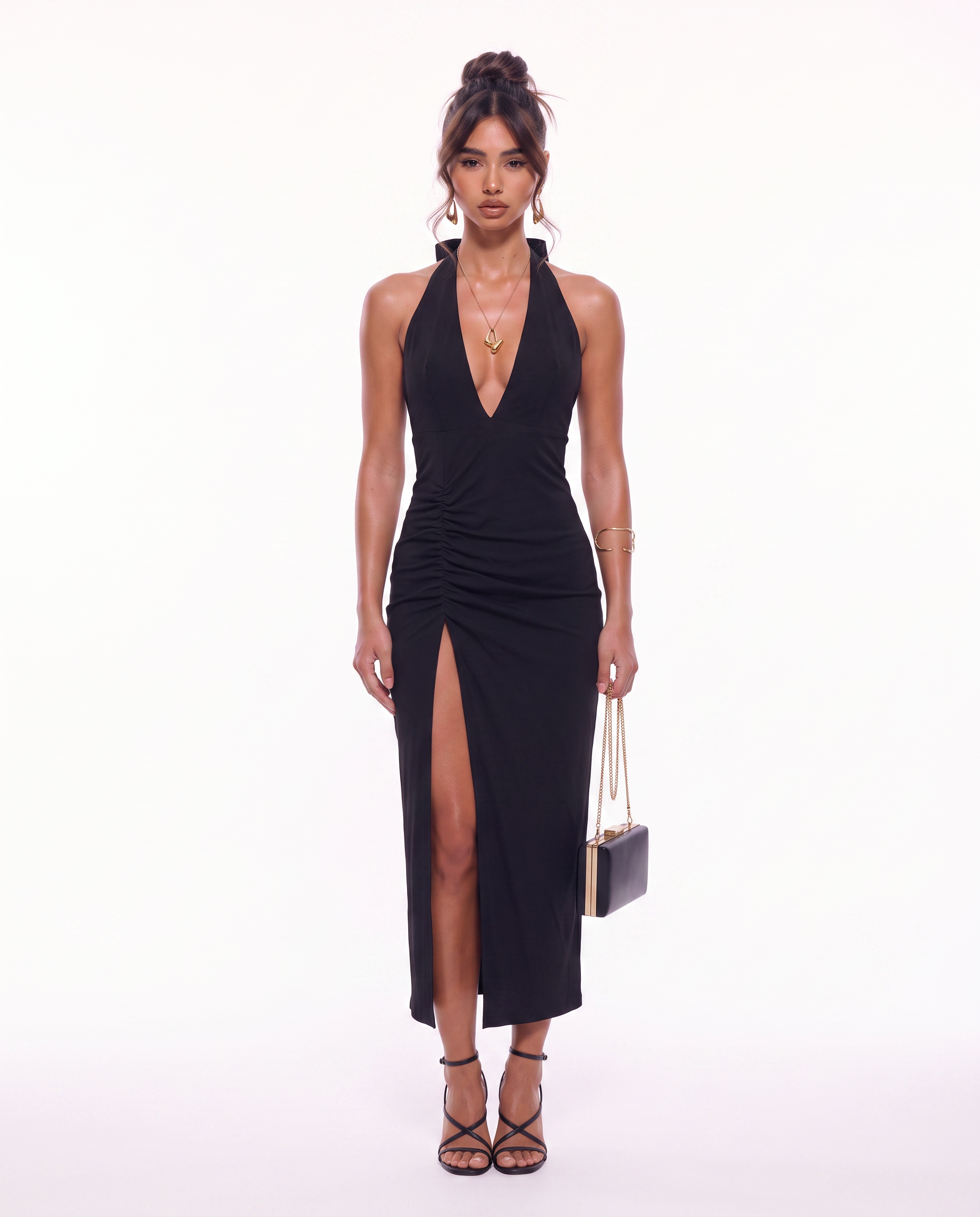 Ruched Halter Slit Dress