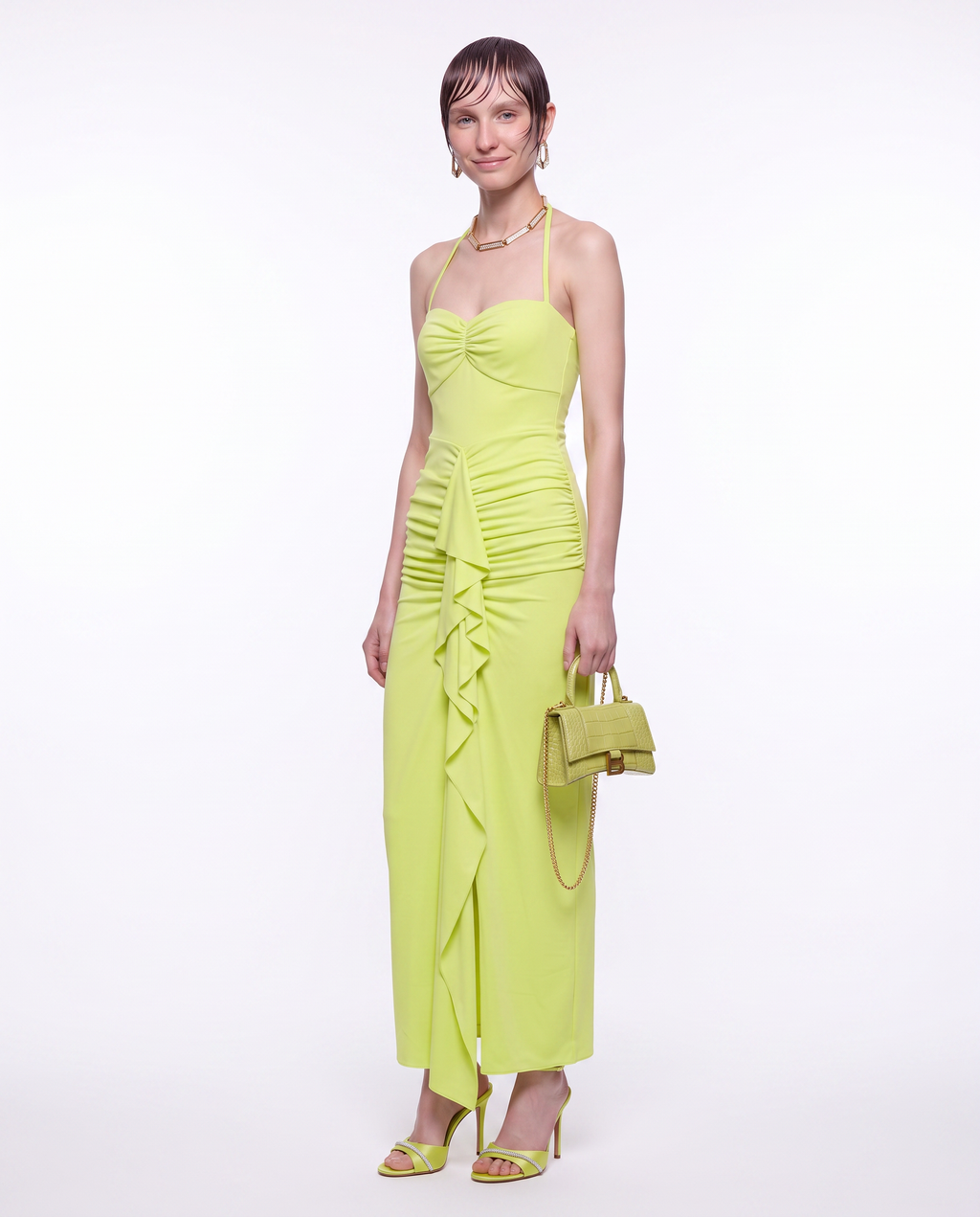Ruffle-Trim Halter Maxi Dress