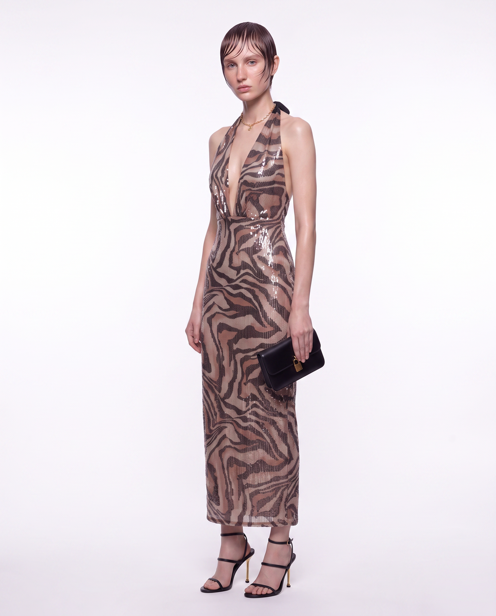 Sequin Leopard Halter Maxi Dress
