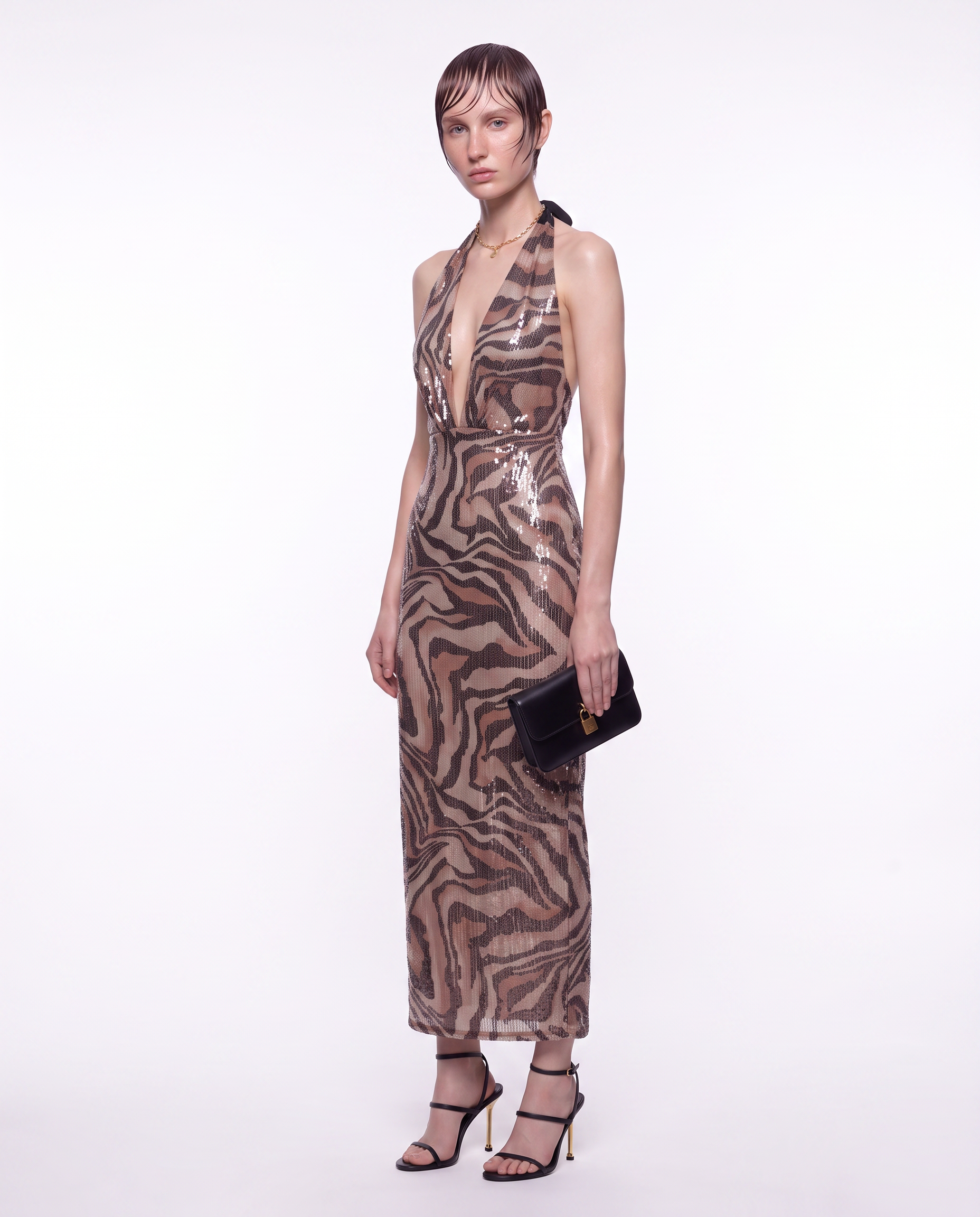 Sequin Leopard Halter Maxi Dress