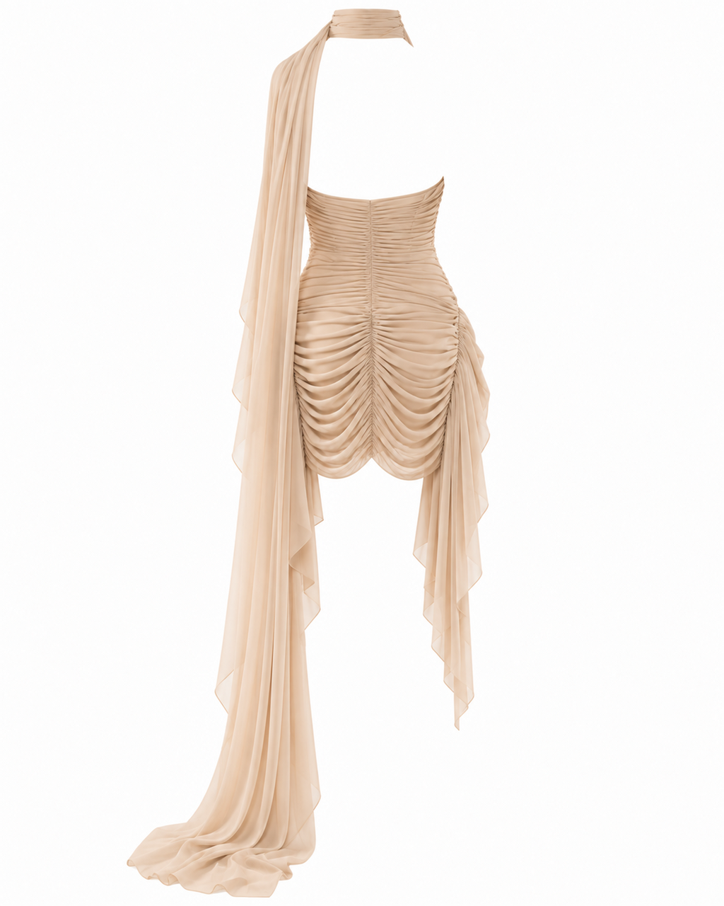 Ruched Halter Fringe Dress with Trailing Scarf
