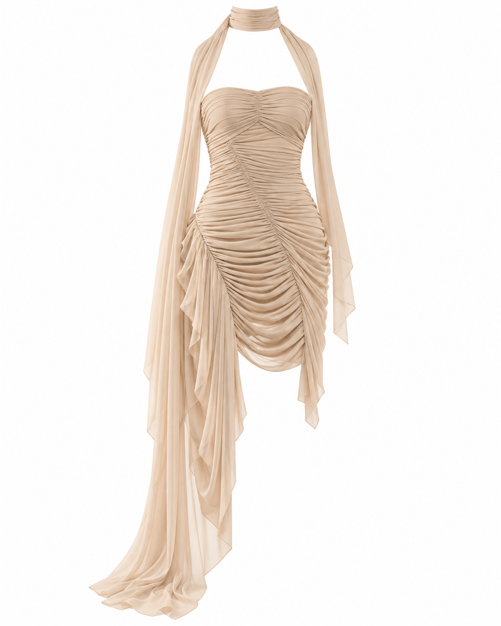 Ruched Halter Fringe Dress with Trailing Scarf