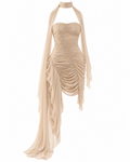 Ruched Halter Fringe Dress with Trailing Scarf