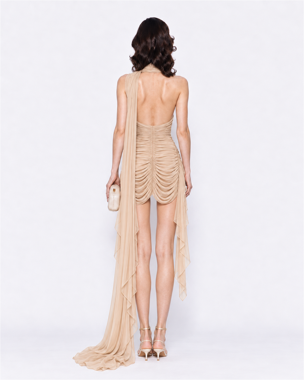 Ruched Halter Fringe Dress with Trailing Scarf